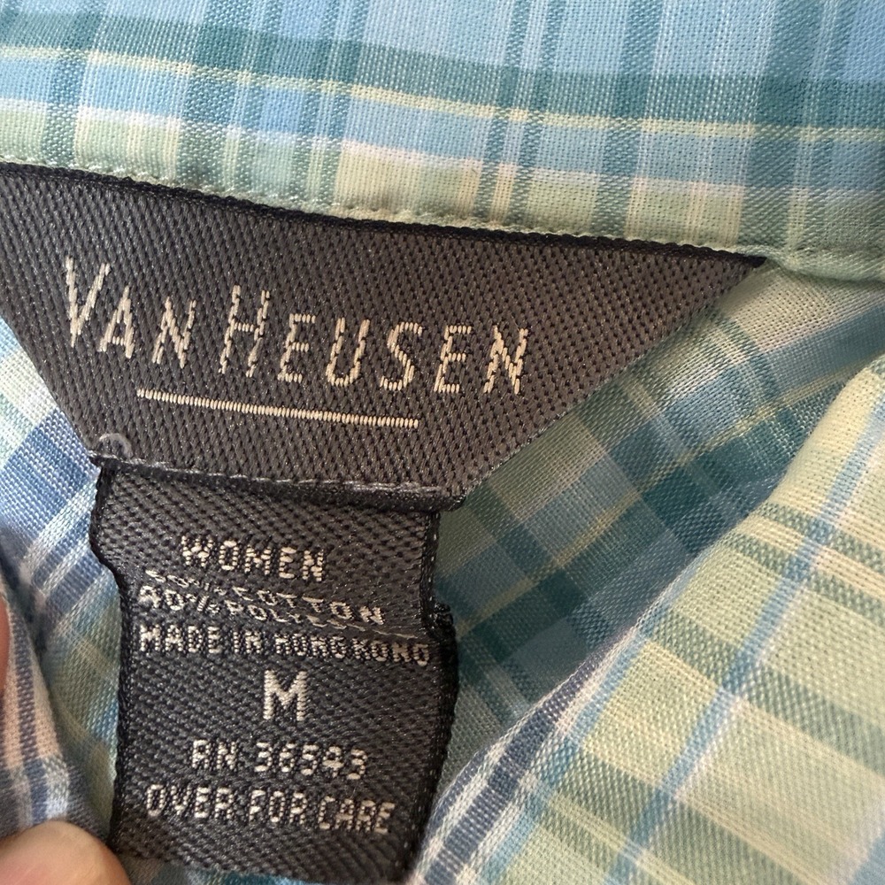 Van Heusen Women Blue Green Plaid Button Up Collared Short Sleeve Blouse Size M - Picture 3 of 6
